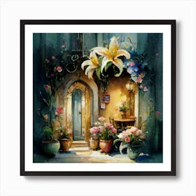 Quiet and attractive dining nook, overgrown flowers, high quality, detailed, highly 3D, elegant carved cart, 16 Art Print