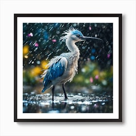 White And Blue Bird Chick in the Rain Art Print