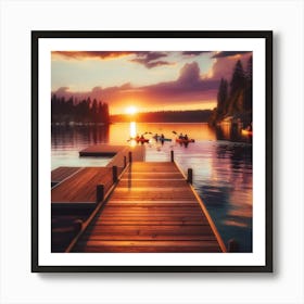 Lakeside Sunset Wall Print Art A Peaceful Scene Of A Summer Evening By The Lake, Perfect For Capturing The Tranquility And Beauty Of Summer In Any Space Art Print