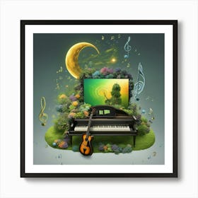 Guitar and Piano In The Garden with Moon in Background Art Print