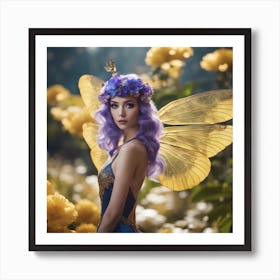 Full Body Photograph, Enchanting Woman, Flying, Beautiful, Iridescent Dragonfly Wings, Violet Hair, Art Print