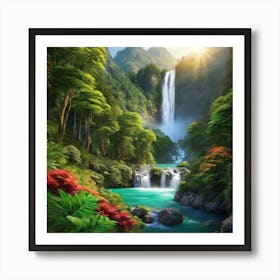 Waterfall in Valley Surrounded and Sun, Landscape Poster