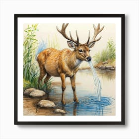 Deer Drinking Water Art Print