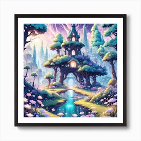 A Fantasy Forest With Twinkling Stars In Pastel Tone Square Composition 169 Art Print