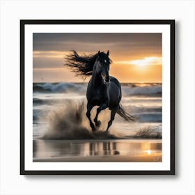 Black Horse On The Beach At Sunset Art Print