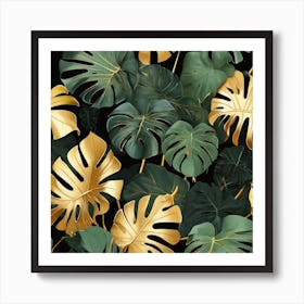 Golden and green leaves of Monstera 1 Art Print