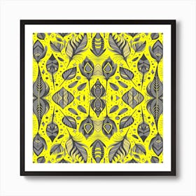 Neon Vibe Abstract Peacock Feathers Black And Yellow Art Print