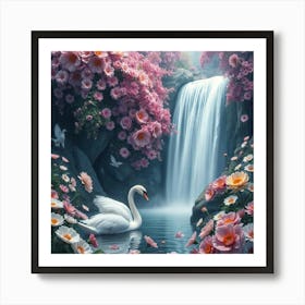 Swan In A Waterfall 1 Art Print