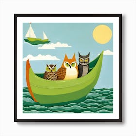 Three Owls In A Pea Green Boat Art Print