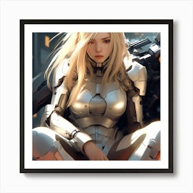 3d Dslr Photography A Woman With Long Blonde Hair Sitting On The Ground, Cyberpunk Art, By Krenz Cushart, Wears A Suit Of Power Armor, Closeup Character Portrait, Cute Detailed Digital Art, Artgerm And Lois Van B Art Print