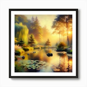 An Impressionist Style Watercolor Oil Painting Of A Tranquil Pond 3 Art Print