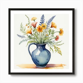 Watercolor Flowers In A Blue Vase Art Print