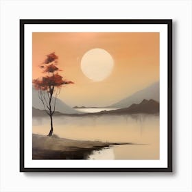 Sunset By The Lake In Earth Tones, Landscape Painting Art Print