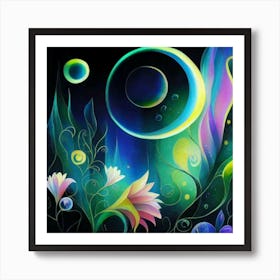 Abstract oil painting: Water flowers in a night garden 8 Art Print