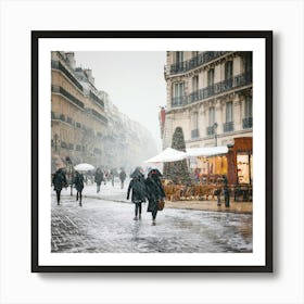 Paris cafes, winter season, Christmas, pale colors, pedestrians in the street, winter clothes, falling snow.12 Art Print