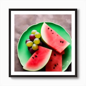 Watermelon Green Grapes Green And Red Apples On A Plate And A Calm Background (2) Art Print