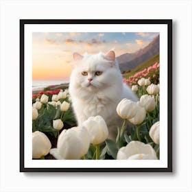 White Cat In White Tulips Art Print