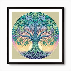 "Arboreal Aura"  This circular artwork features a stylized tree with intertwining branches and roots, forming a mesmerizing pattern that suggests a deep connection with nature. The tree's foliage transitions through a spectrum of cool blues to warm purples and oranges, reminiscent of the changing seasons or the circadian rhythm of day to night. Enclosed in a perfect circle, the design symbolizes the cycle of life and the interconnectedness of all living things.  "Arboreal Aura" is an enchanting piece that embodies the essence of life's perpetual cycle, capturing the viewer's imagination with its intricate details and harmonious color palette. It's an ideal choice for those seeking to bring a sense of natural balance and meditative calm to their environment, providing a daily reminder of the beauty of the natural world and our place within it. Art Print