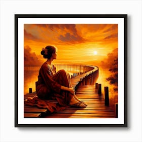 Woman Sitting On A Bridge At Sunset - Serene Wall Art Art Print