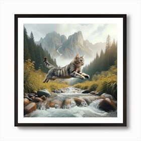Cat jumping over water stream Art Print