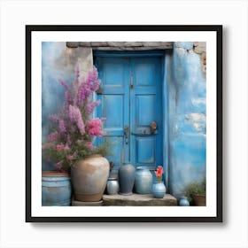 Blue wall. An old-style door in the middle, silver in color. There is a large pottery jar next to the door. There are flowers in the jar Spring oil colors. Wall painting.11 Art Print