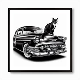 Retro Cat: A Simple and Elegant Black and White Photograph of a Cat on a Classic Car Art Print