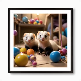 Picture A Group Of Mischievous Ferrets Playfully Exploring A Room Filled With Toys Tunnels And Balls Art Print