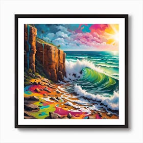 Waves Crashing At The Beach Cliffs' Majestic Embrace Art Print