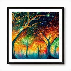 A captivating scene of trees that appear to be alive, with twinkling lights and vibrant 11 Art Print