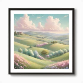 Soft and dreamy pastel-colored landscape with rolling hills, fluffy clouds, and blooming flowers. The scene should be whimsical and gentle, evoking a sense of peace and serenity. Art Print