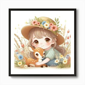 Cute Little Girl With A Deer 2 Art Print