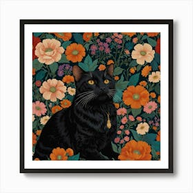 Black Cat In Flowers 3 Art Print