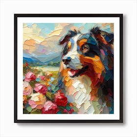 Dog With Roses Art Print