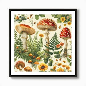 Mushrooms And Ferns Art Print