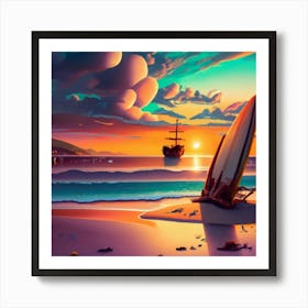 Beach scene, sailing ship in the middle of the sea Art Print