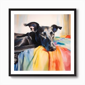 Sleepy Black Greyhound on rainbow blanket Art Print