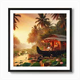 Kerala Houseboat At Sunset Art Print