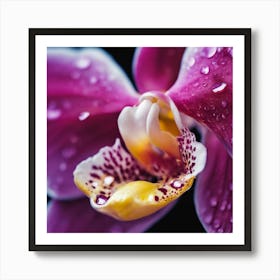 A Close Up Of A Delicate Orchid On A Vibrant Flower Petal, Showcasing Its Reflective Surface And Int Art Print