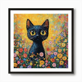 Black Cat In A Flower Field 2 Art Print