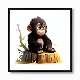 Cute Chimpanzee Sitting On Stump Art Print