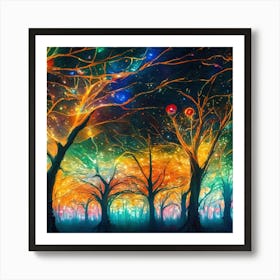 A captivating scene of trees that appear to be alive, with twinkling lights and vibrant 3 Art Print