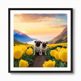 Two Pugs In Yellow Tulips Art Print