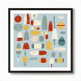 Fishing Lures Floats Nets and Buoys Blue Art Print