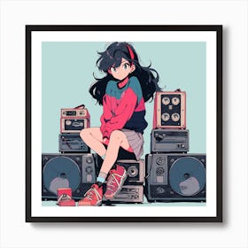 Anime Girl Sitting In Front Of Speakers Art Print