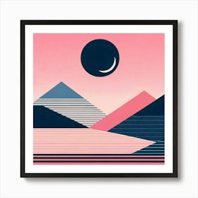 "Midnight Mirage: Stripes and Solace"  As a crescent moon hangs in the dusk, mountains and plains align in a vision of striped symmetry. The landscape, a blend of navy, white, and coral stripes, creates a rhythmic pattern that leads to tranquil waters. This visual symphony is set against a backdrop of soft pink sky, imparting a sense of solace and introspection. It's a place where the night's embrace is a blanket of quietude, offering a retreat from the day's clamor into the soothing cadence of nature's geometric dance. Art Print