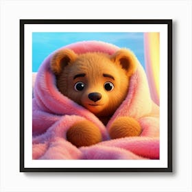 Digitally Rendered Cute Tiny Bear Settled Cosily Into A Blanket Draped Bed Wrapped In A Fluffy Sc Art Print