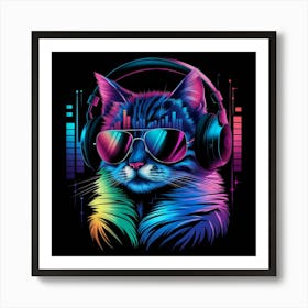 Cat With Headphones Art Print