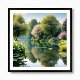 Lake With Trees And Flowers Art Print