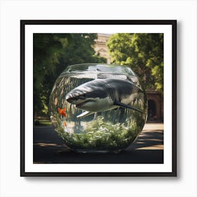 A great white shark in an enormous goldfish bowl in a park in photo realistic style Art Print