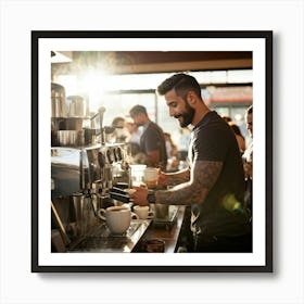 Barista Swiftly Spinning Pouring Water Into A Gleaming Espresso Machine Amidst Morning Rush In Bu (5) Art Print